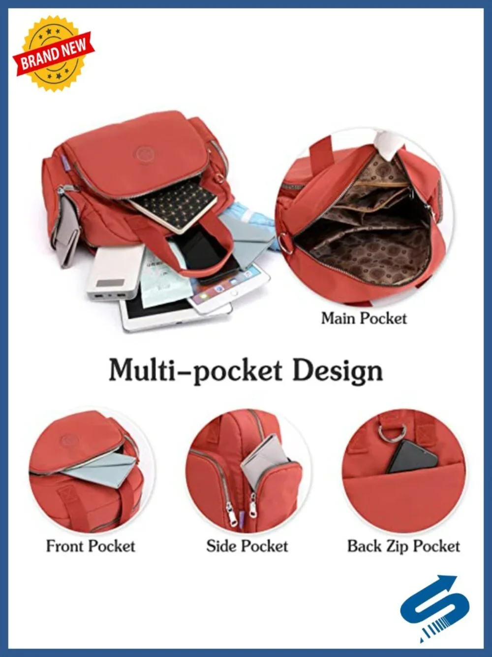 Nylon Water-Resistant Backpack with USB Charging Port, Convertible Crossbody